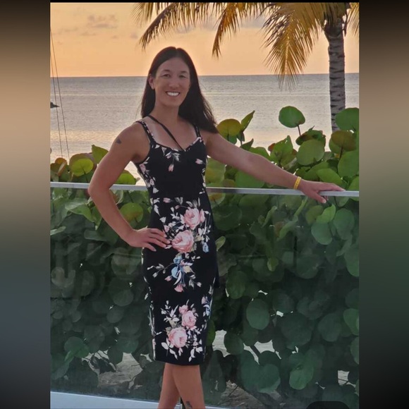 Black Floral Pencil Midi Dress Slim Sheath - Picture 13 of 15